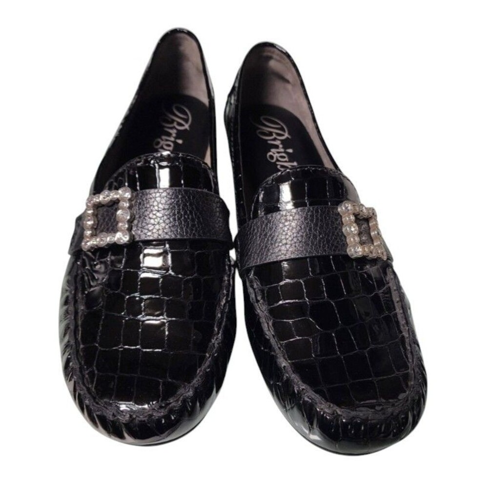 Brighton Mishel Black Croc Embossed Patent Leather Loafers Size 9.5 Jewel Buckle